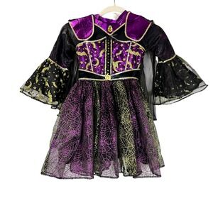 Teetot Kids Witch Costume Purple Gold Spiderweb Bat Dress Size 5-6 Halloween